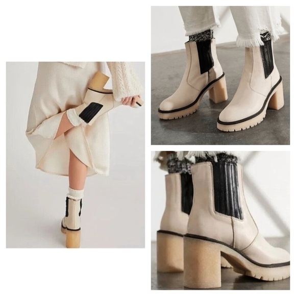 Free People James Chunky Heel Chelsea Boot Cream Leather size 39 US 9 - Picture 1 of 15